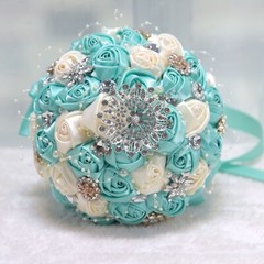 Handmade Luxury Rose Silk Pearls Rhinestone Brooch Wedding Bridal Bouquet Ivory