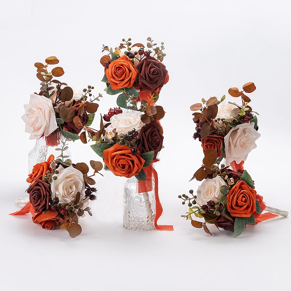 Burnt Orange Mini Bridesmaid Bouquets Set of 6 for Fall Weddings