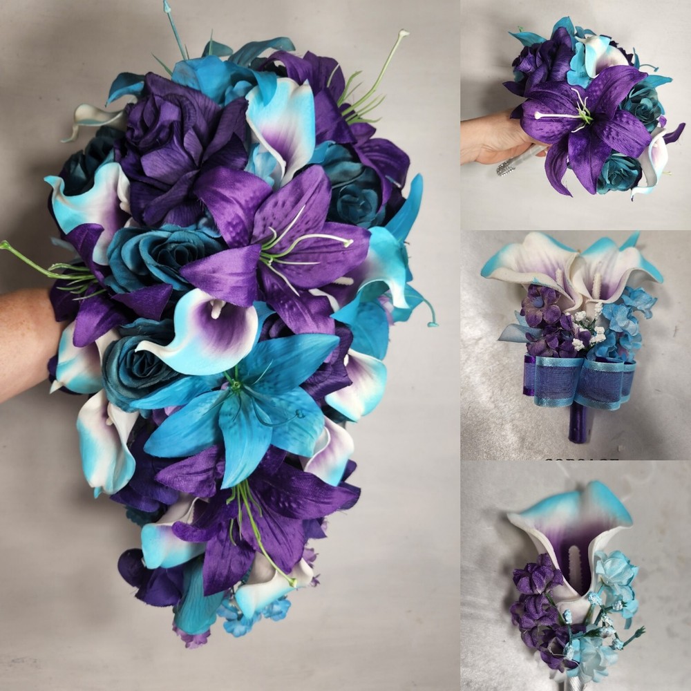 Purple Teal Rose Tiger Lily Bridal Wedding Bouquet Accessories