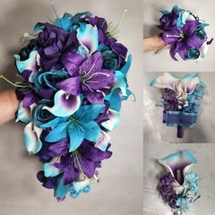 Purple Teal Rose Tiger Lily Bridal Wedding Bouquet Accessories