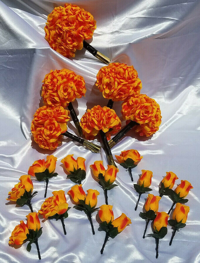 21 Pc Orange, Yellow, Black Wedding Bouquet Package, Bouquet Set w/ Dried Stems