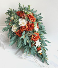 Cascading Wedding Bouquet Bunt Orange Rust Ivory Eucalyptus Gum Autumn Cascade