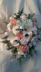Pink, Mint Green, White Bouquet and Boutonniere, Wedding 2pc Set