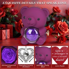 Teddy Bear Preserved Rose Gifts with 100 Languages 6 x 6 x 7.5 inches, Purple
