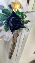 6pc wedding pew bows Gold Rose Bud & Black Open Rose White Tulle & Streamers