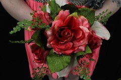 Hot pink roses w/ pink calla lily floral bouquet w/ matching boutonniere