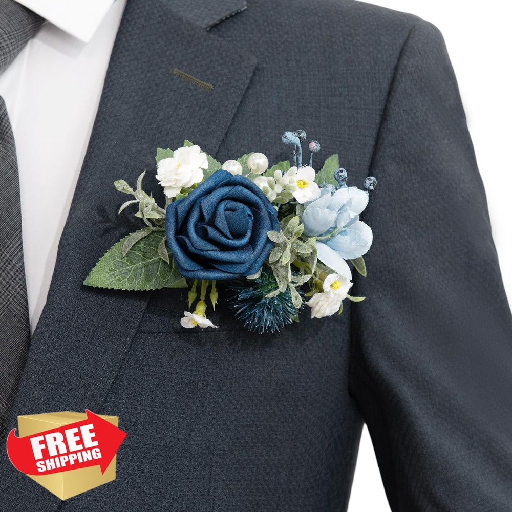 Ling’s Moment Dusty Blue Navy Boutonniere Men Groom Wedding