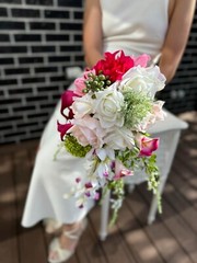 Vibrant rose, orchid & calla lily waterfall Bouquet with real touch artificial
