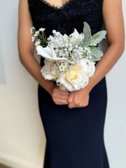 ‘Pearlescent’ – Bridal White Bouquet w. roses, anthurium and pearls – wedding