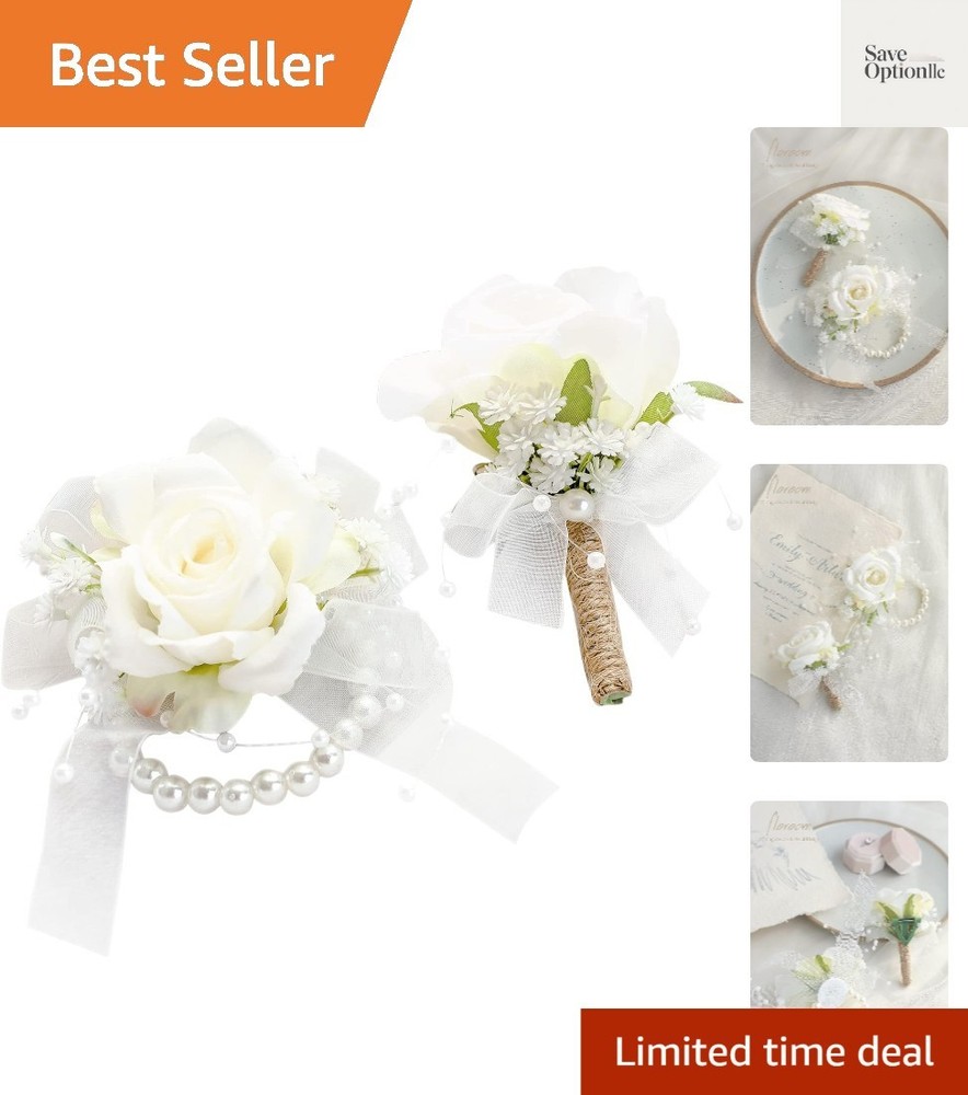 Ivory Rose Wrist Corsage Bracelet Wristlet Band and Men Boutonniere Set for W…