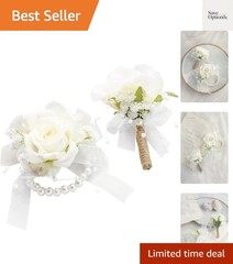 Ivory Rose Wrist Corsage Bracelet Wristlet Band and Men Boutonniere Set for W…