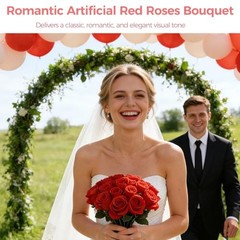50 PCS Artificial Red Roses, Fabric Faux Rose Bulk with Cloth Leaves and