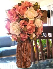 Rose Flower Bouquet Victorian Antique Style Rustic Wood Twig Vase Handcrafted