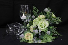 Light green rose & ranunculus w/ lavendar hints w/ matching boutonniere
