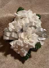 NEW 5″ Artificial White Rose Wrist Corsage W/White Butterfly Silver Bow, Bout
