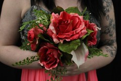 Hot pink roses w/ pink calla lily floral bouquet w/ matching boutonniere