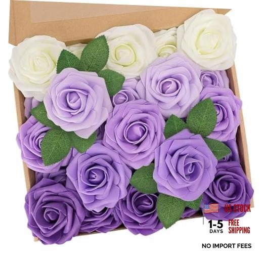Artificial Flowers,Real Touch Fake Flowers Rose with Stems 25pcs Series Purple