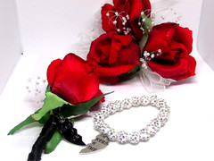 WRIST CORSAGE & BOUTONNIERE w/BRACELET, CHARMS custom order prom wedding birthdy