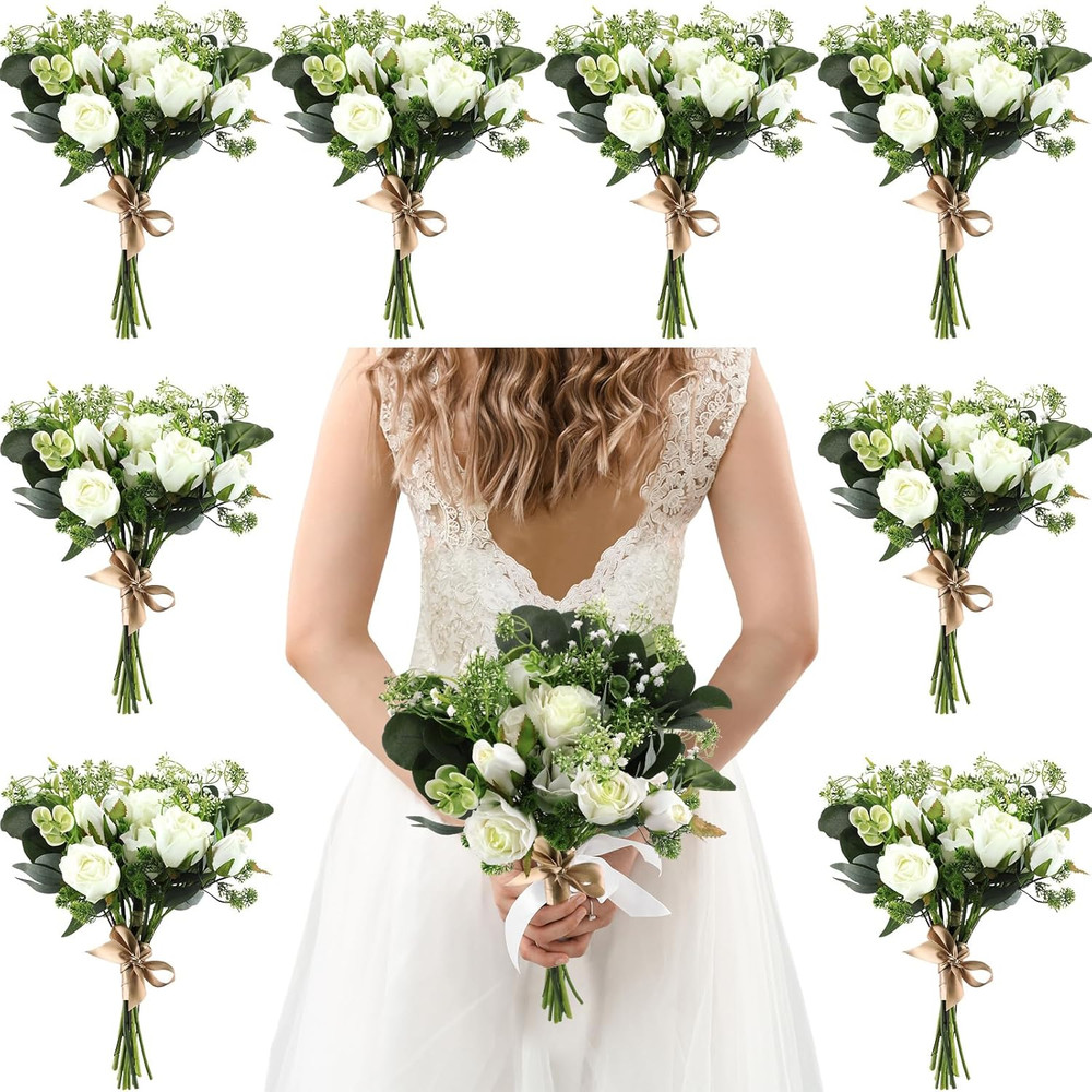 Set of 8 Bridesmaid Bouquets 7 Inch White Wedding Bouquets Faux Flowers Rustic F