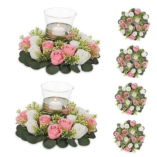 Artificial Flowers Candle Rings – 6 Pcs 14 inch Diam Dia 14″-6pcs Pink & White