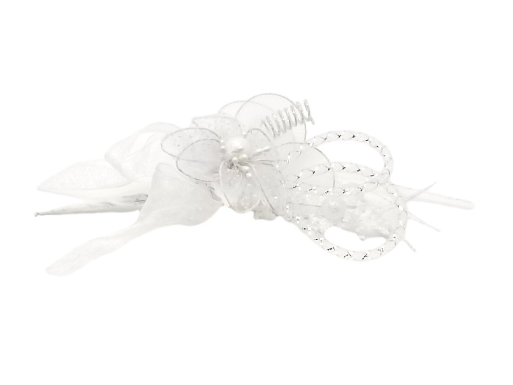 3 White Tulle Pearl Corsage & organza flower nylon leaves 6×4 with pearl pin