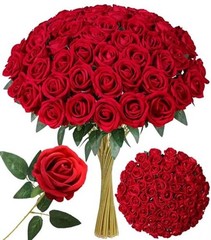 50 PCS Roses Artificial Flowers, Real Looking Fake Roses with Long Stems Red