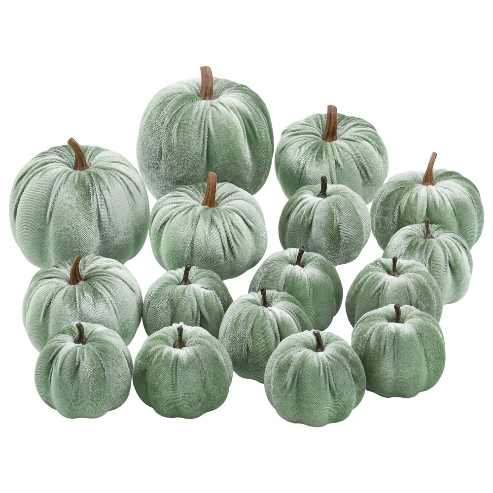 Woration 16pcs Fabric Artificial Pumpkins Set Lake Green Mix Size, Ash Gray