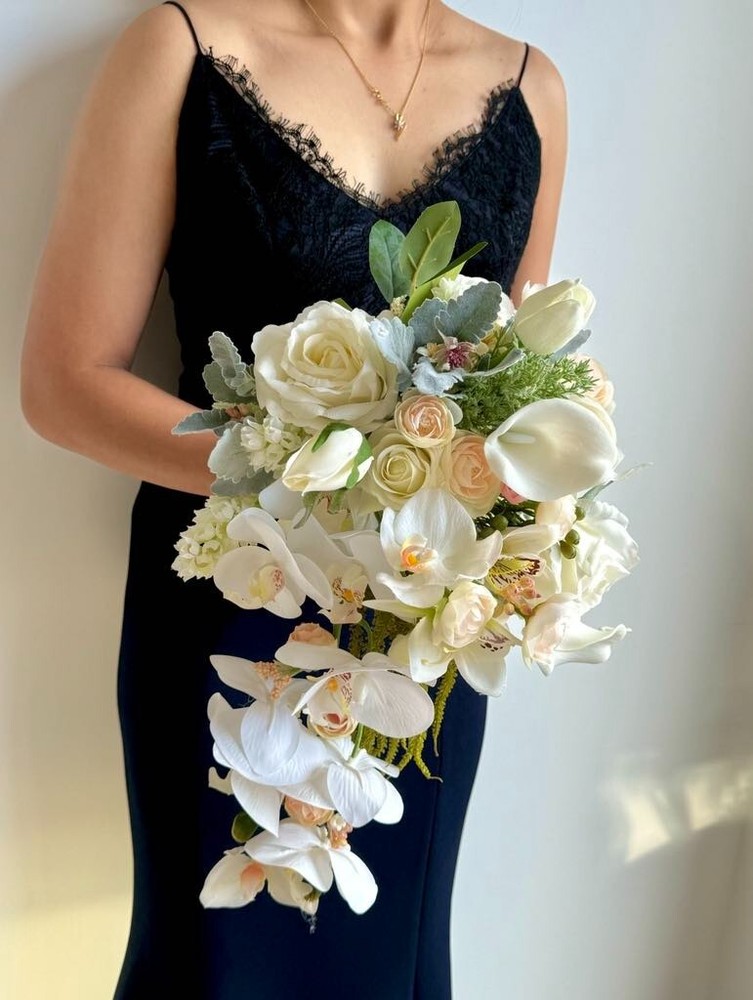 Ivory & White Wedding waterfall Bouquet – artificial real touch lily and orchid