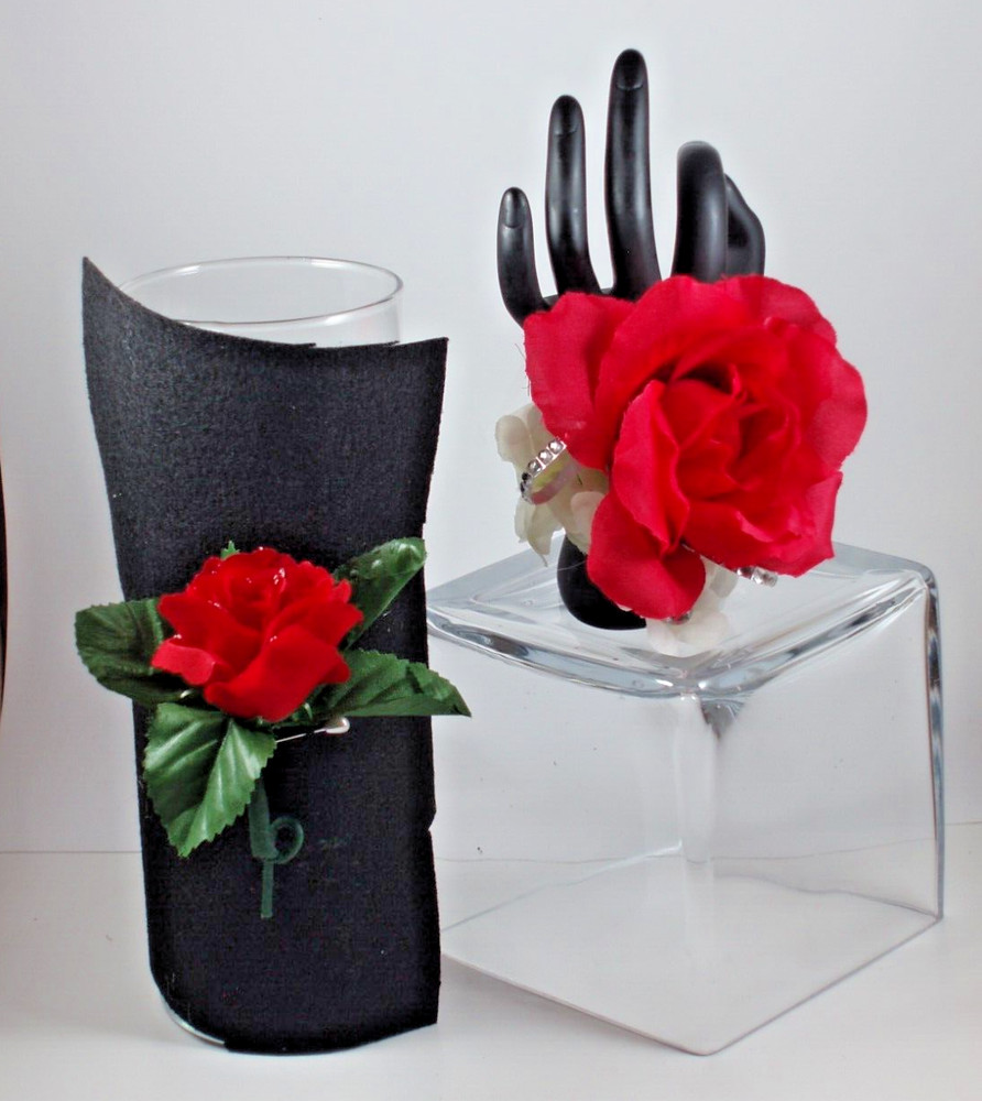 Prom Wrist Corsage & Boutonniere Artificial Red and White Flower Diamond