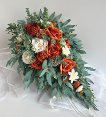 Cascading Wedding Bouquet Bunt Orange Rust Ivory Eucalyptus Gum Autumn Cascade