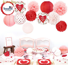 Valentine’S Day Decorations, 12 PCS Pink Red Love Tissue Paper Pom Poms and Lant