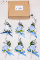 Blue Boutonniere for Men, 6 Pcs Groom Groomsmen Boutonnieres, Artificial Flowers