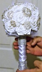 Bridal Bouquet Silver Clear Gem Brooch Pin Bling White Latex Roses Satin Tulle