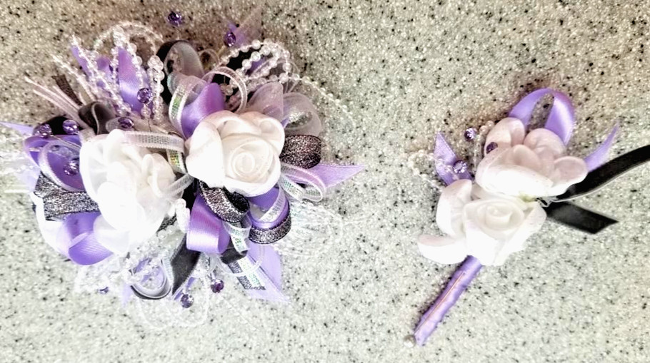 Lavender & White SILK Flower Wrist Corsage & Boutonniere Set. Prom, wedding