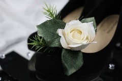 Red and white roses, black calla lilies floral bouquet w/ matching bouquet