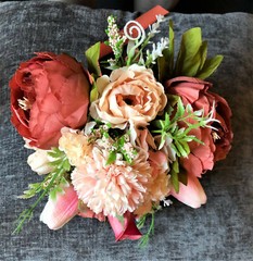 Peach Pink (Melon) and Light Pink Bridal Wedding Bouquet Faux Flowers Handmade
