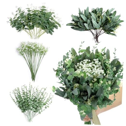 120 Pcs 4 Kinds Mixed Eucalyptus Greenery Stems,Artificial Baby Breath Bulk