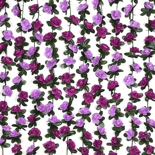 2Pcs 16.4Ft Flower Garland Artificial Rose Vines for Bedroom, 2 Pcs Purple