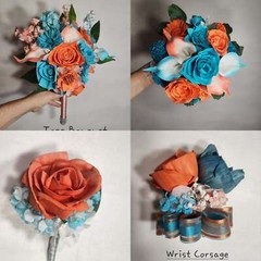Coral Turquoise Rose Calla Lily Real Touch Bridal Wedding Bouquet Accessories
