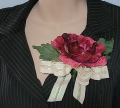 Large Deep Red Velveteen Silk Rose & Bow Corsage Princess “Kachi” Garden Flower