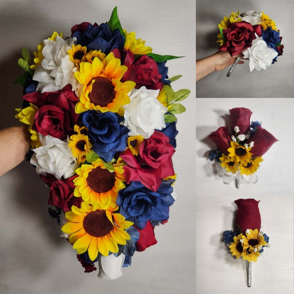Burgundy Navy Blue White Sunflower Bridal Wedding Bouquet Accessories