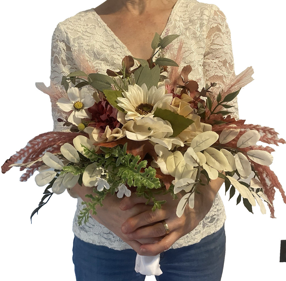 Bridal Wedding Bouquet Hand made Budget Friendly Faux Flowers White Pink Green
