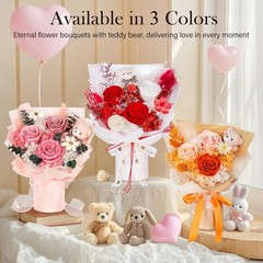 Preserved Flowers Bouquet with Bear 3 Real Forever Red Long-Lasting Eteranl NEW