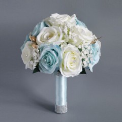 Bridal Bouquet Holding Crystal Silk Artificial Rose Flower Wedding Party Decor