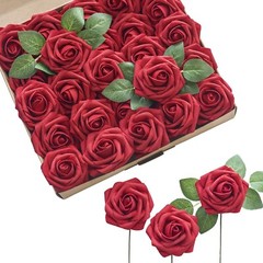 Ling’s Moment Artificial Flowers 50Pcs Crimson Red Roses Decor w/Stems,3″ Rea…