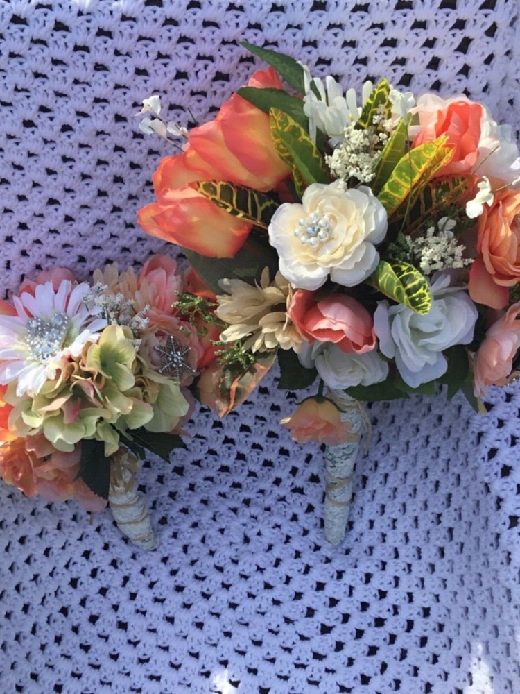 Wedding flowers bridal Bouquet Package Corals And Sunflowers 8 Bouquet