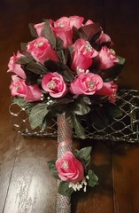 Bling Crystal Wedding Bouquet Matching Bling Boutonere Bling Pink Rose Bouquet