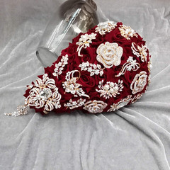 Yifuwedding Bride Water Drop Wine Red Bouquet Navy Blue Wedding Luxury Jewelry P