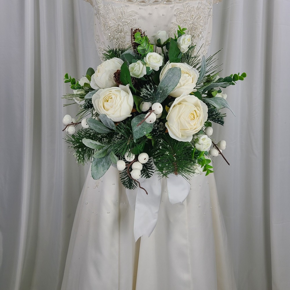 Woodsy Winter White Faux Silk Wedding Bouquet