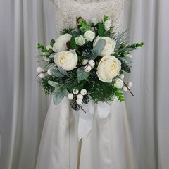 Woodsy Winter White Faux Silk Wedding Bouquet